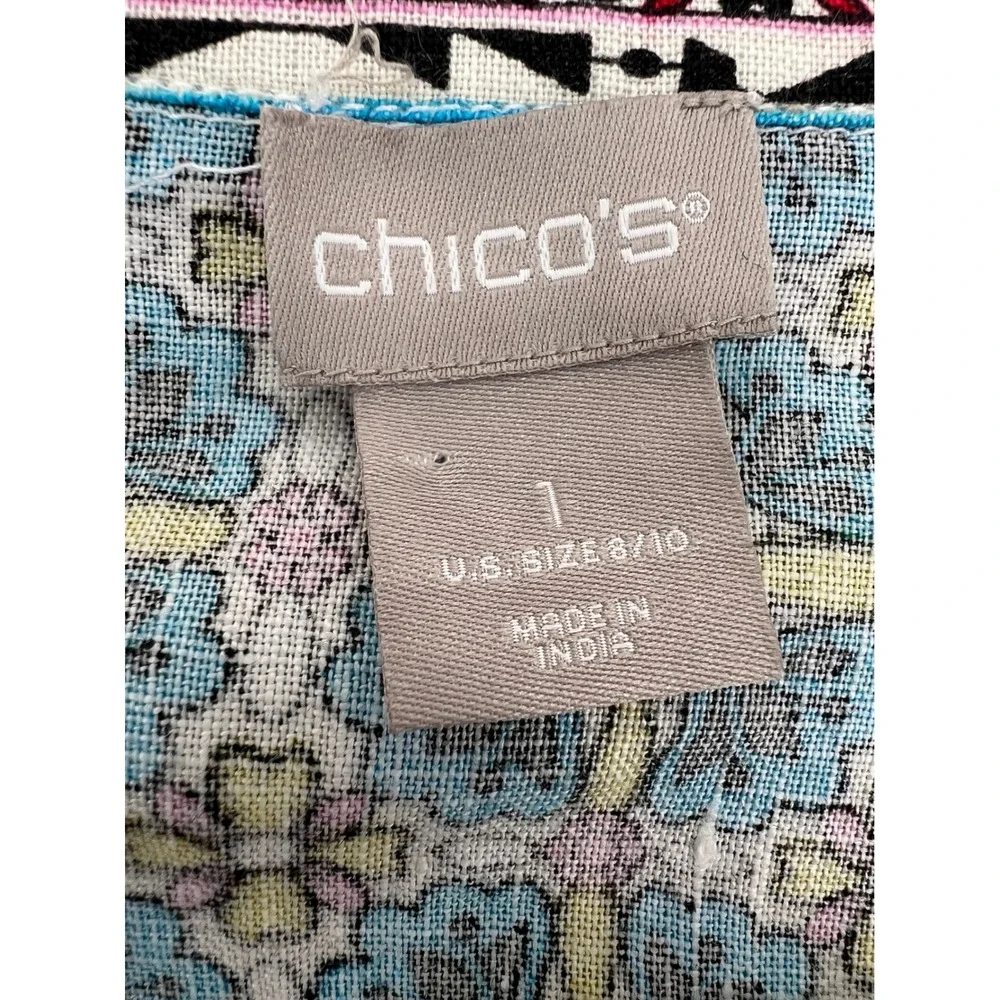 Chicos 100% Linen Paisley Patchwork Open Front Cardigan‎ Blue Size 1 US 8/10